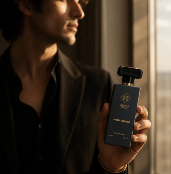 OMBRE NOMADE ABZU PERFUMES product with model behind