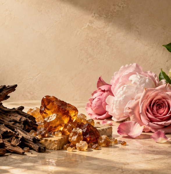 ABZU editorial fragrance families visual with oud, amber, floral and fresh ingredients