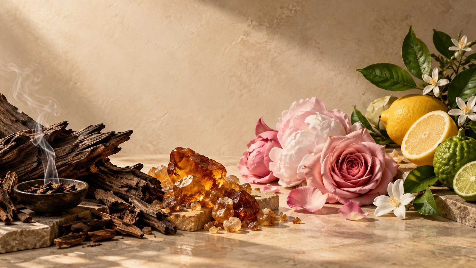 ABZU editorial fragrance families visual with oud, amber, floral and fresh ingredients
