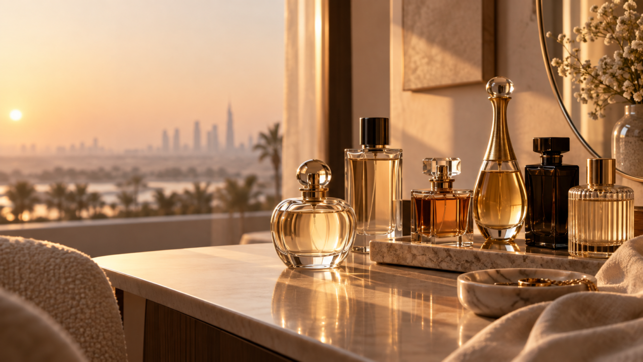 ABZU fragrance wardrobe editorial still life for day and evening scent choices