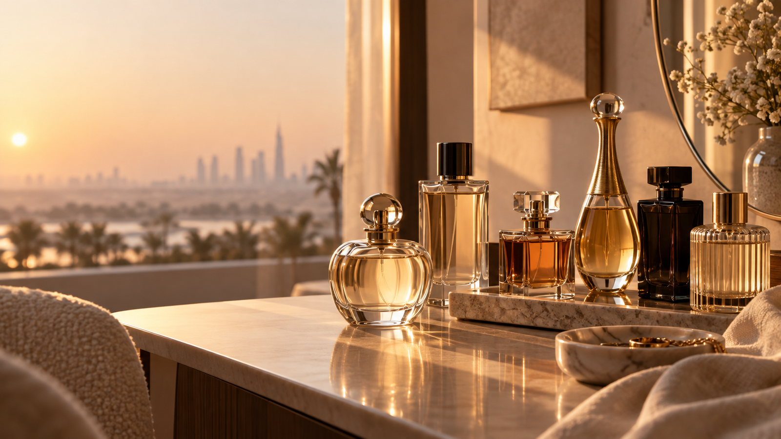 ABZU fragrance wardrobe editorial still life for day and evening scent choices