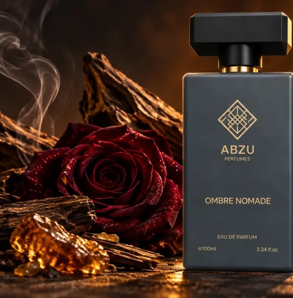 ABZU Ombre Nomade with oud wood, rose, resin and incense in a luxury editorial scene