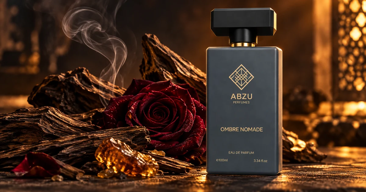 ABZU Ombre Nomade with oud wood, rose, resin and incense in a luxury editorial scene
