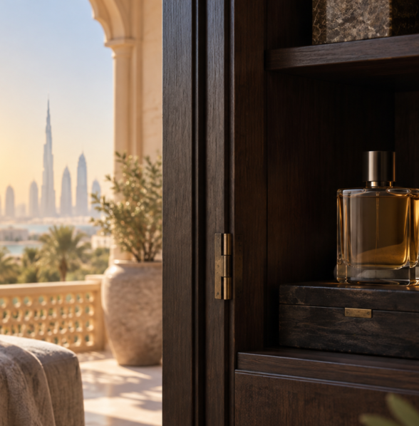 ABZU editorial scene about storing perfume away from Dubai heat
