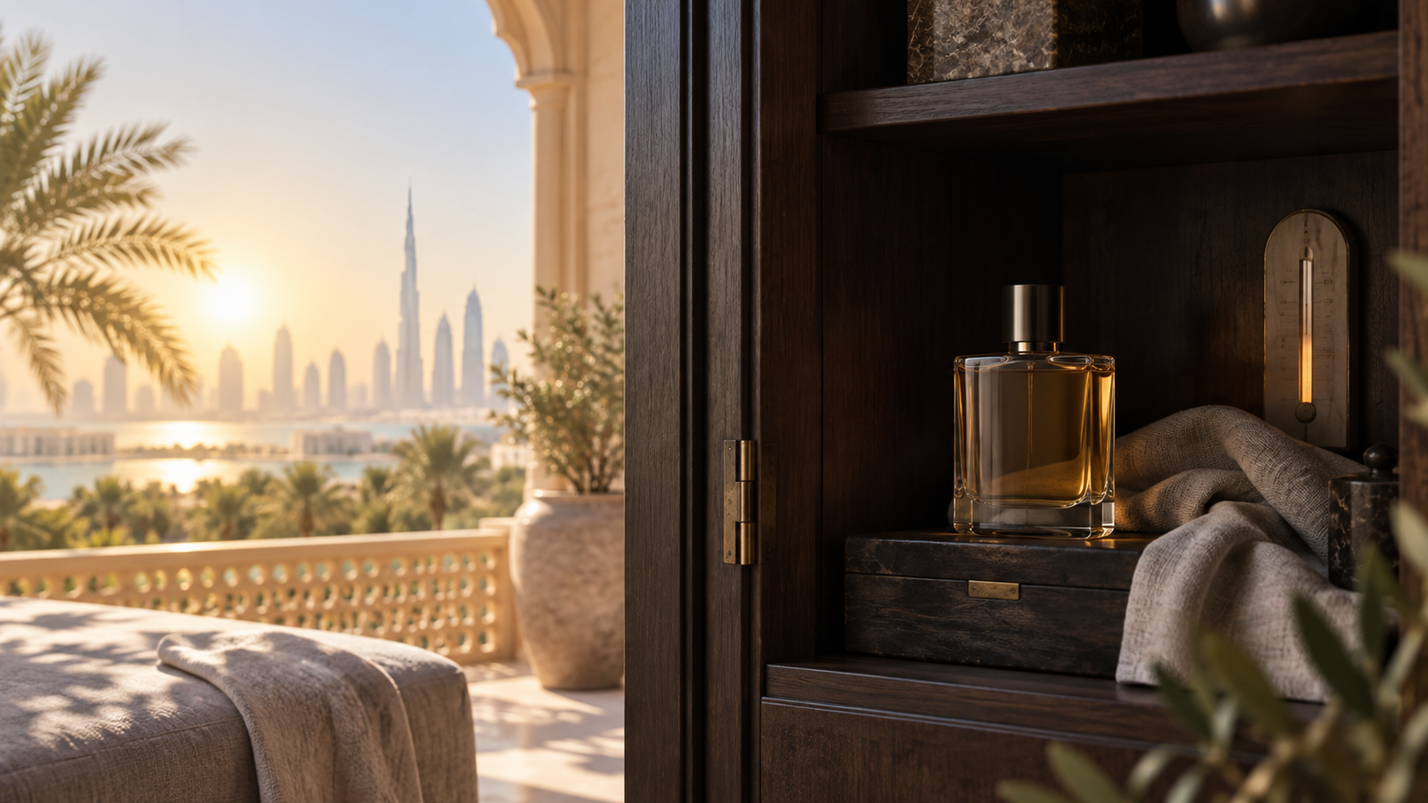 ABZU editorial scene about storing perfume away from Dubai heat