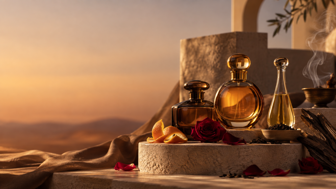 Original ABZU fragrance editorial still life with citrus, rose, tea and oud-inspired elements
