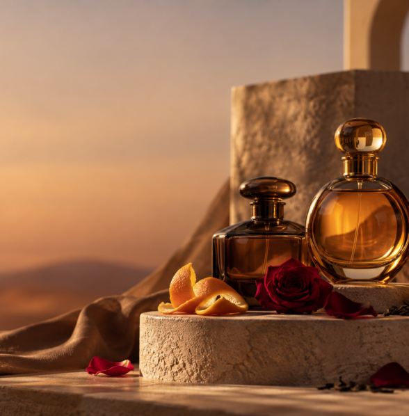 Original ABZU fragrance editorial still life with citrus, rose, tea and oud-inspired elements