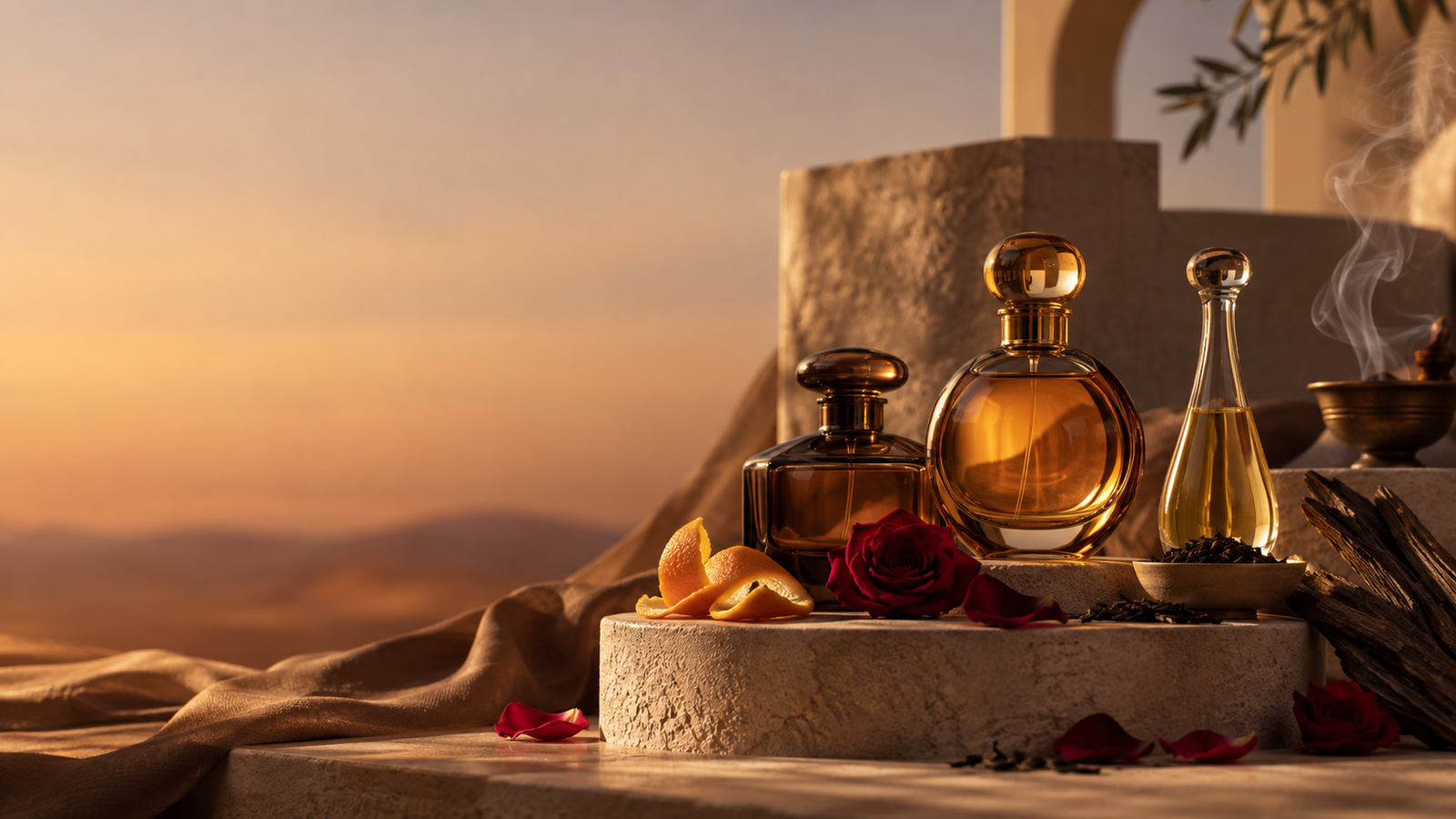 Original ABZU fragrance editorial still life with citrus, rose, tea and oud-inspired elements