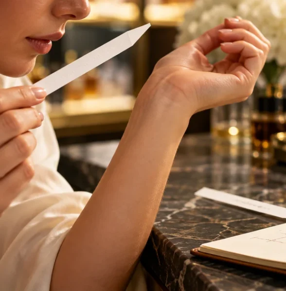 Customer testing perfume on skin and a scent blotter before choosing a fragrance