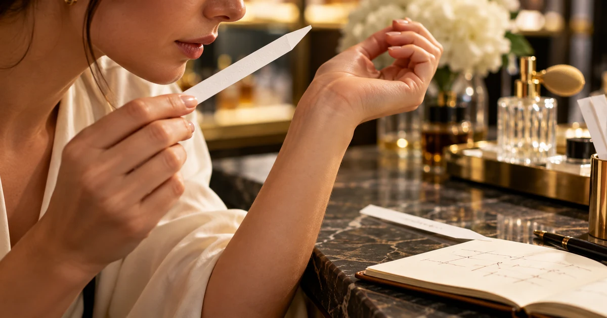 Customer testing perfume on skin and a scent blotter before choosing a fragrance